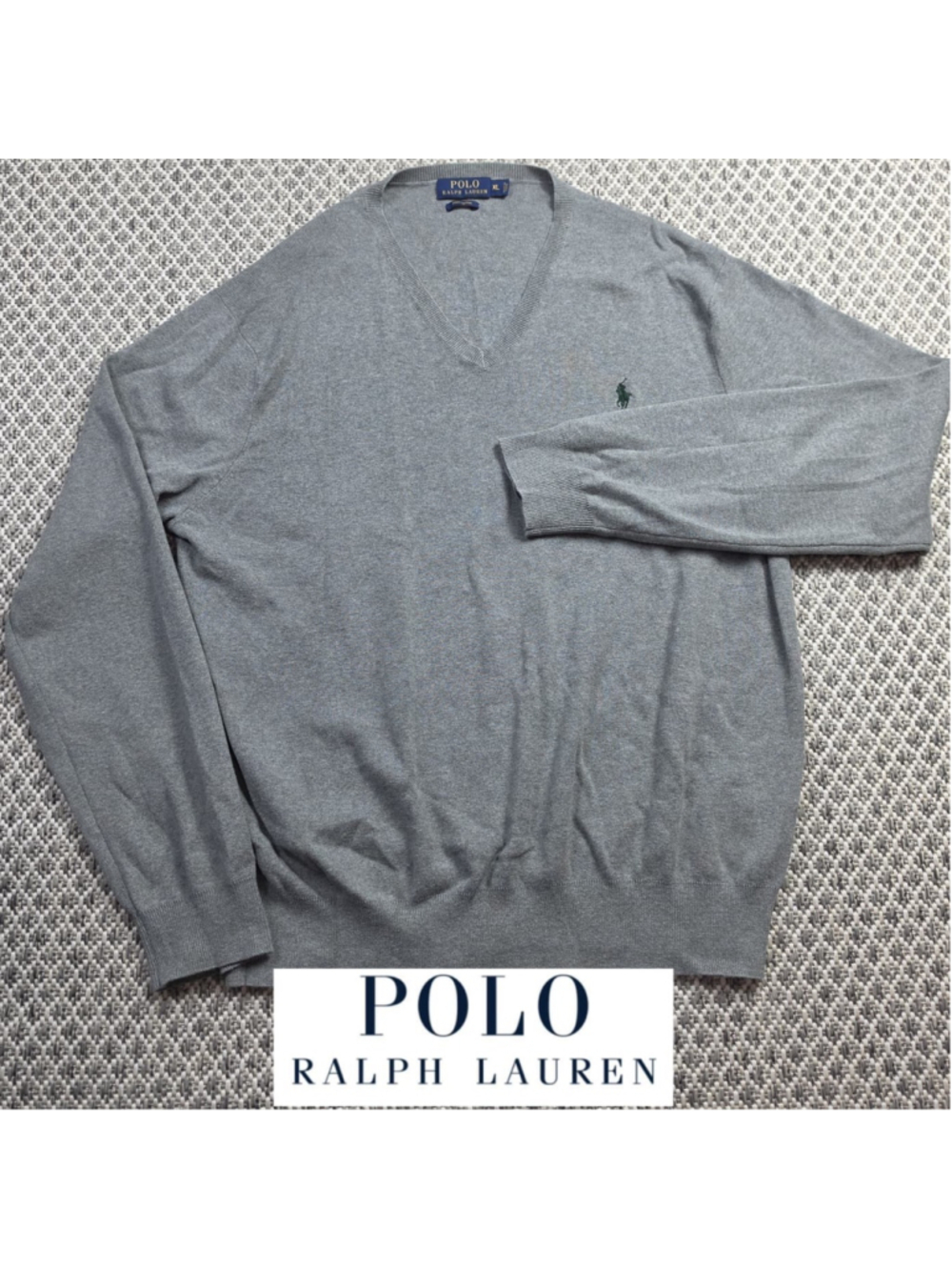 Polo Ralph Lauren Mens XL Pima Cotton V Neck Sweater Gray Green Pony